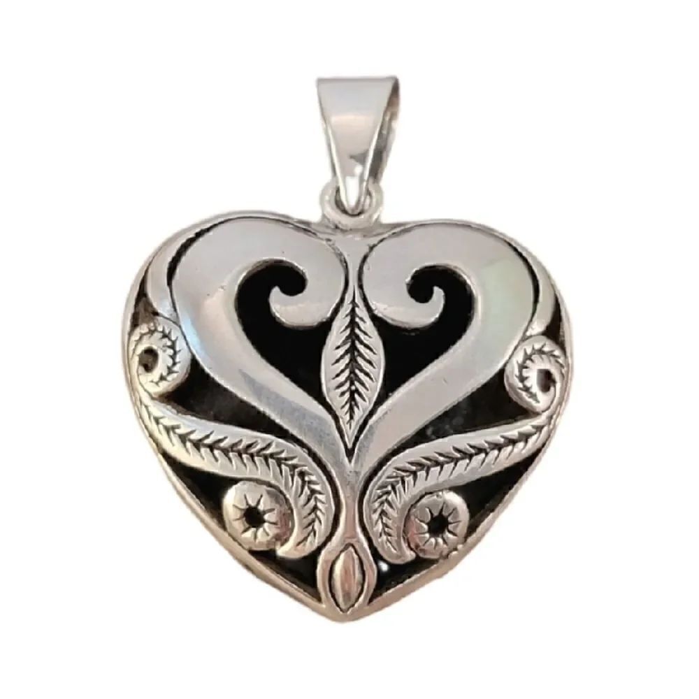 Sterling Openwork Artisan Flourish Engraved Puffy Heart Pendant